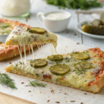 Hot pickle pie pizza slice with stretchy melted cheese and dill pickle toppings