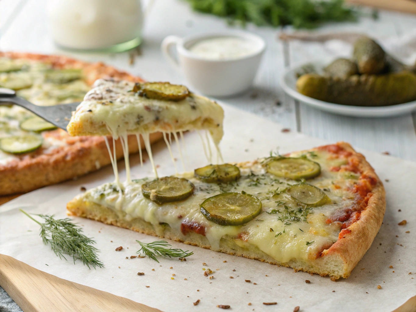 Hot pickle pie pizza slice with stretchy melted cheese and dill pickle toppings