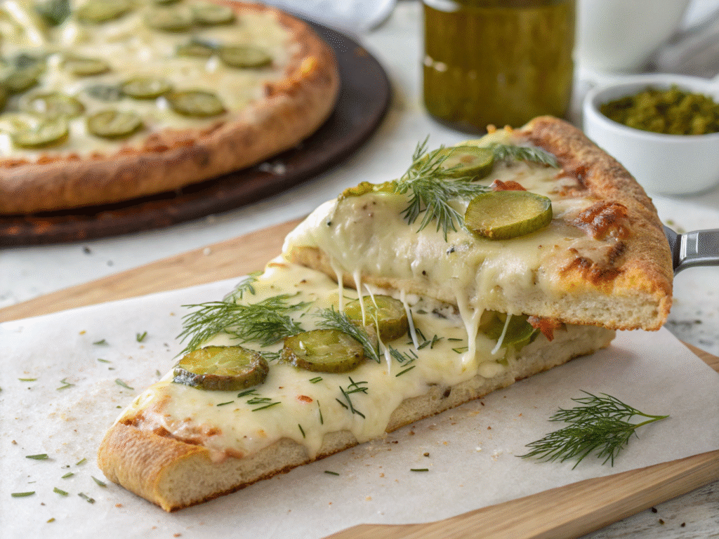 Freshly baked pickle pie pizza slice with melted cheese and dill pickles