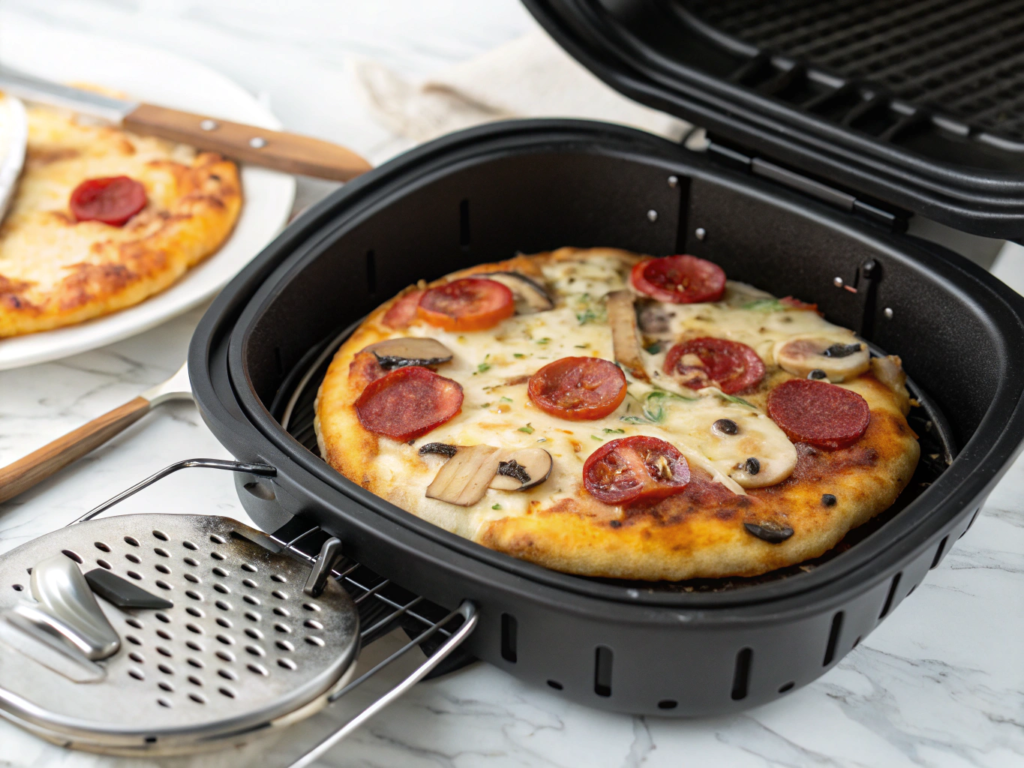Crispy naan pizza with melted cheese and toppings cooking inside an air fryer basket