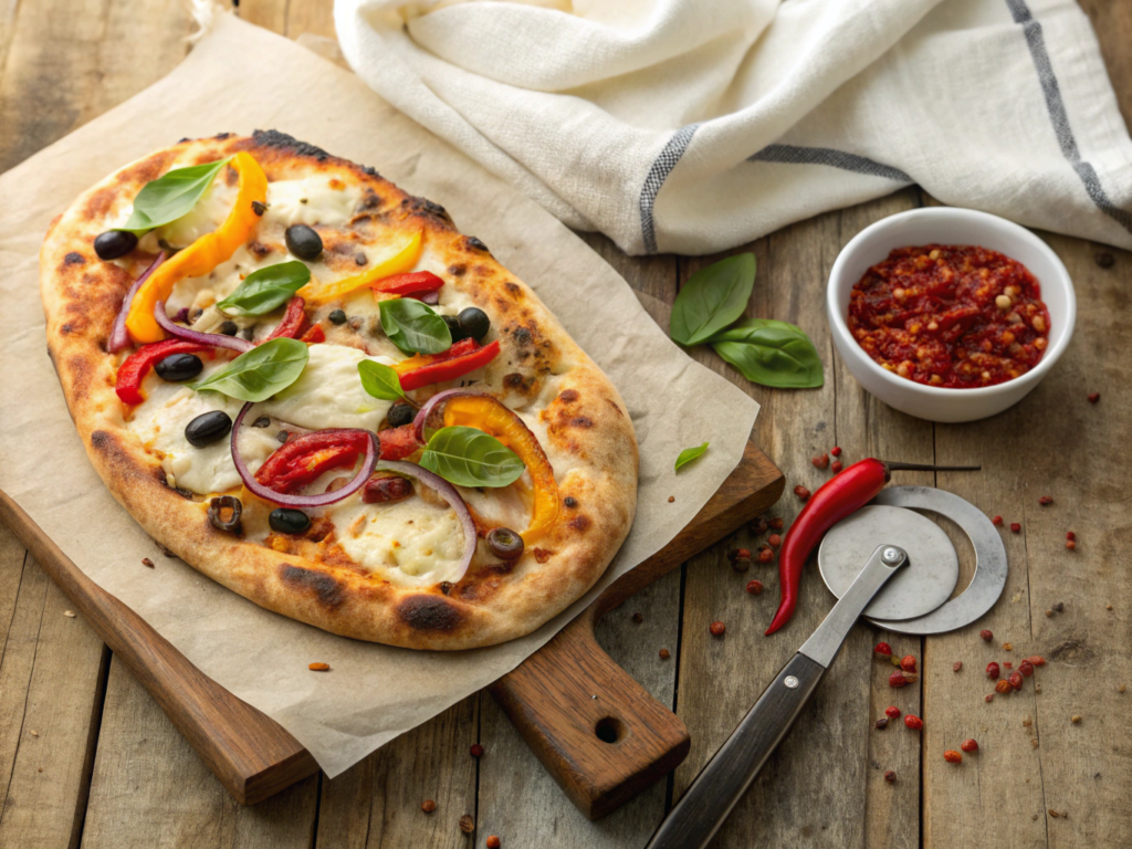 Homemade naan pizza topped with colorful vegetables, mozzarella cheese, and fresh basil on a wooden board