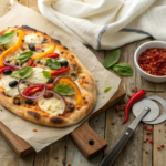 Homemade naan pizza topped with colorful vegetables, mozzarella cheese, and fresh basil on a wooden board
