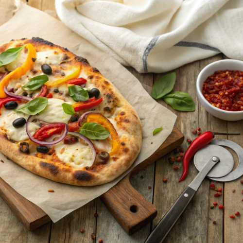 Homemade naan pizza topped with colorful vegetables, mozzarella cheese, and fresh basil on a wooden board