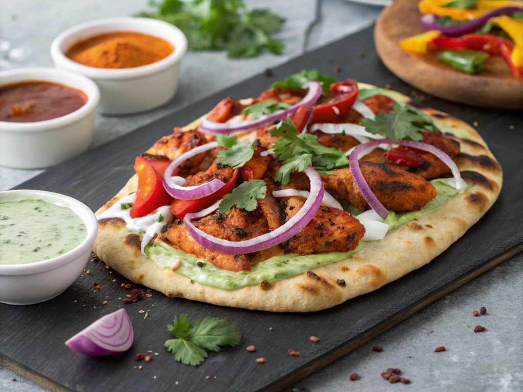 Tandoori chicken naan pizza with red onions and yogurt drizzle, garnished with cilantro