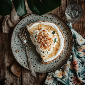 A slice of classic coconut cream pie topped with whipped cream and toasted coconut flakes, served on a white plate with a tropical napkin in the background.