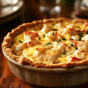 homemade crab quiche in rustic ceramic dish