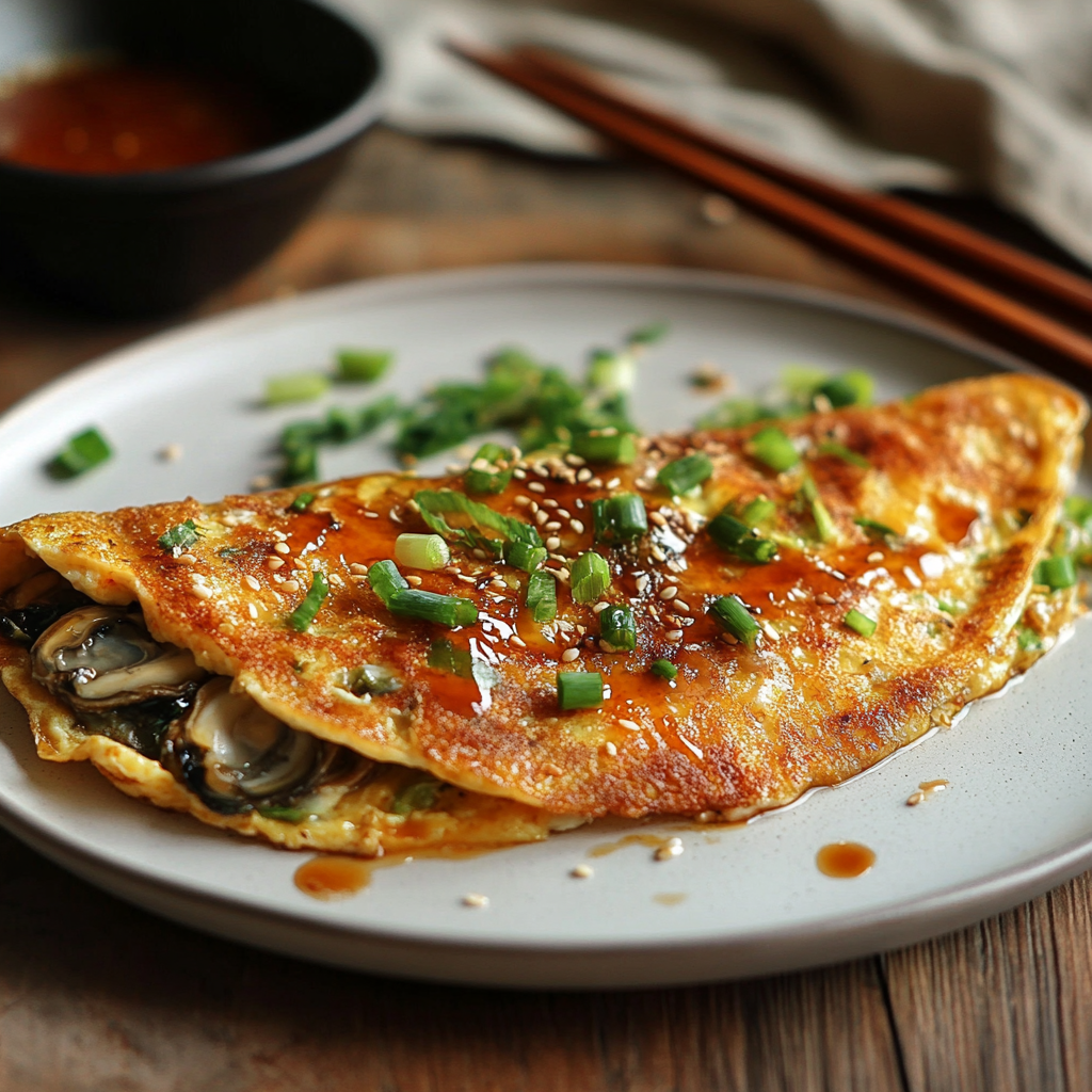 crispy oyster omelette recipe on plate with scallions and sauce