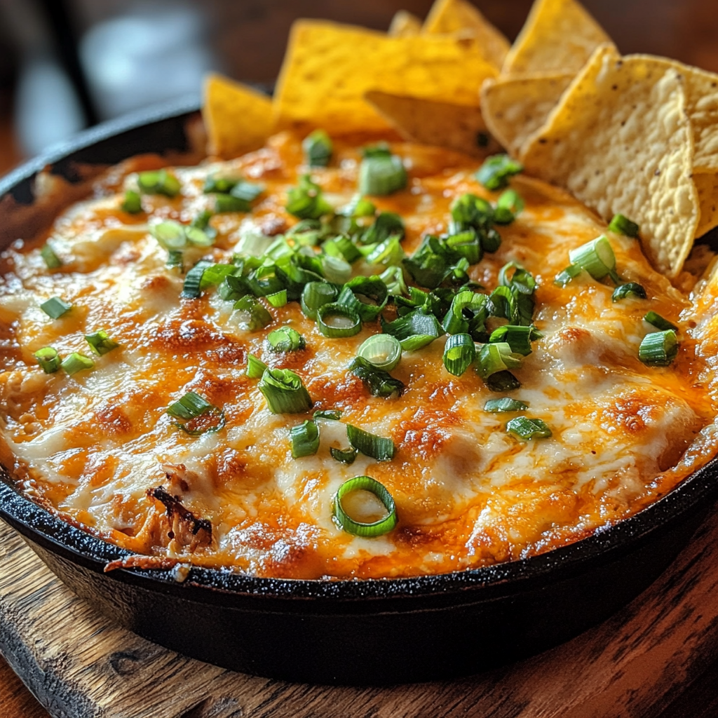 Freshly baked buffalo chicken dip with melted cheese in cast iron pan