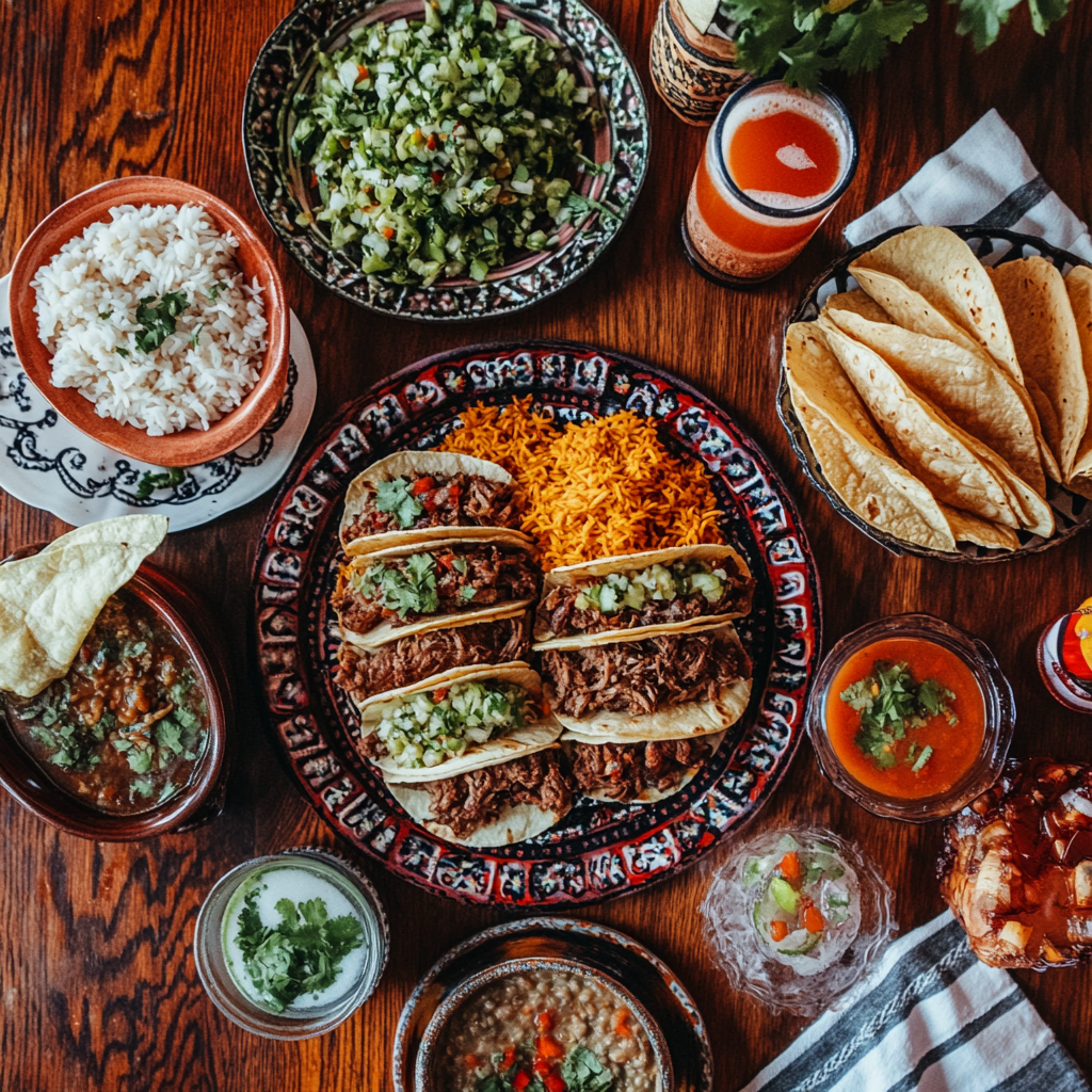 Birria tacos served with elote, beans, and Mexican drinks