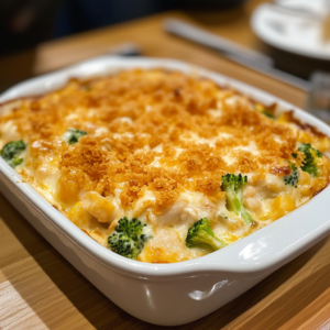Golden chicken broccoli rice casserole in a white baking dish, topped with melted cheese and crunchy cracker topping