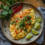 Crispy golden oyster omelette garnished with scallions, red chili slices, and cilantro on a rustic plate