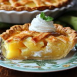 Golden pineapple pie with lattice crust, served with whipped cream and mint on a tropical plate