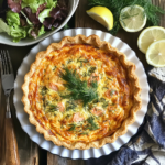 Golden salmon quiche with fresh herbs served on a rustic plate with salad and lemon wedges