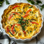 Tortilla quiche bake with golden melted cheese and colorful vegetables in a round white baking dish, sliced and ready to serve on a wooden brunch table.