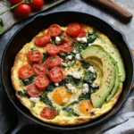Fluffy egg white frittata in a cast iron skillet with spinach, cherry tomatoes, and crumbled feta, garnished with fresh herbs.