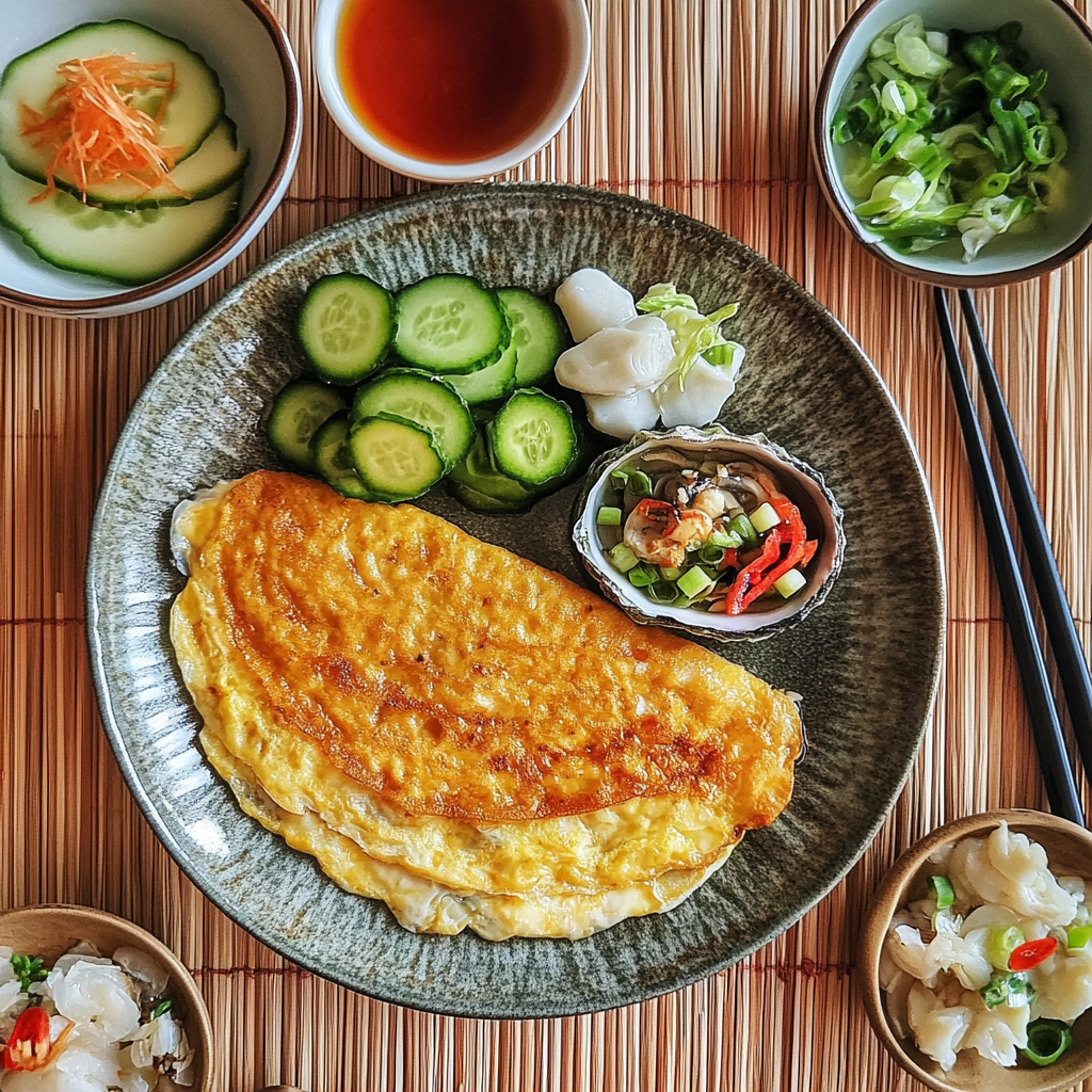 oyster omelette served with traditional side dishes