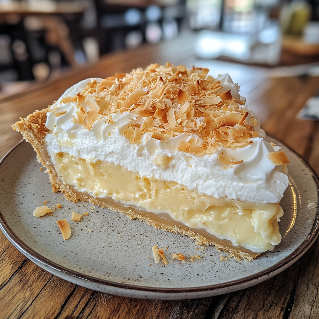 Classic coconut cream pie with whipped topping and toasted coconut
