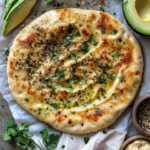 Golden brown cottage cheese flatbread on parchment with avocado and hummus on the side