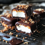 A stack of homemade choco pies with a glossy chocolate coating, one sliced open to reveal a gooey marshmallow center, set on a cooling rack with chocolate drips and cake crumbs.
