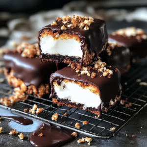 A stack of homemade choco pies with a glossy chocolate coating, one sliced open to reveal a gooey marshmallow center, set on a cooling rack with chocolate drips and cake crumbs.