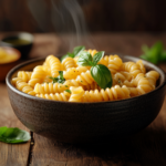 Steaming bowl of freshly cooked cavatappi pasta with basil on a rustic wooden table.