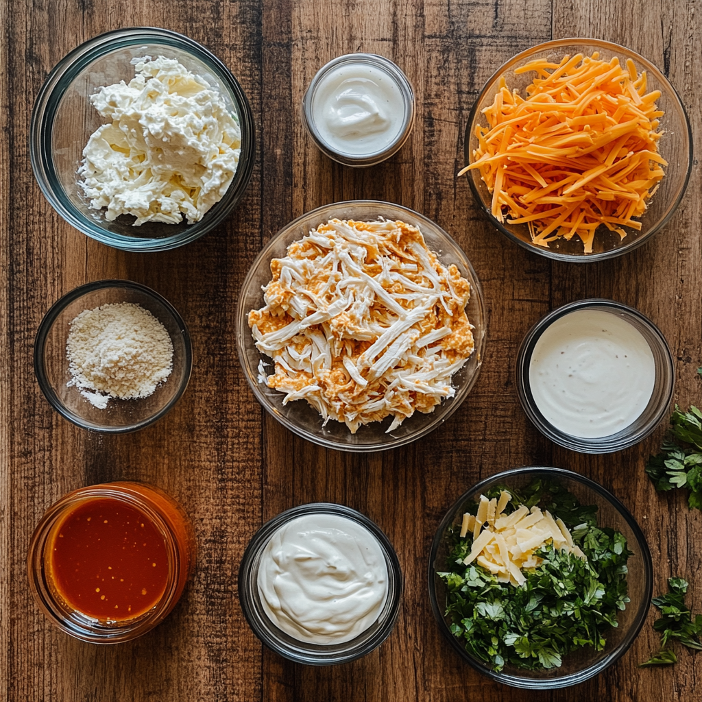 Ingredients for homemade buffalo chicken dip