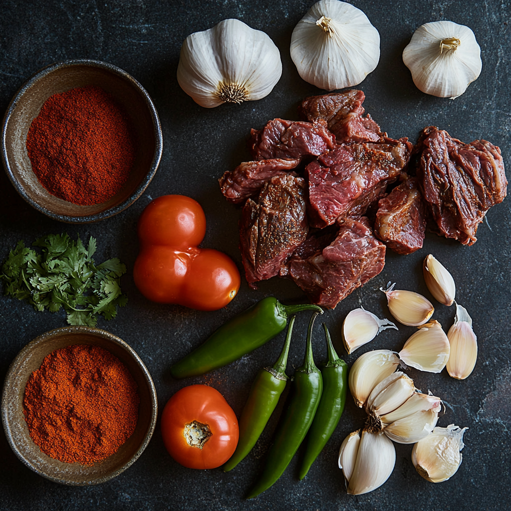 Ingredients for birria tacos recipe with chilies and beef