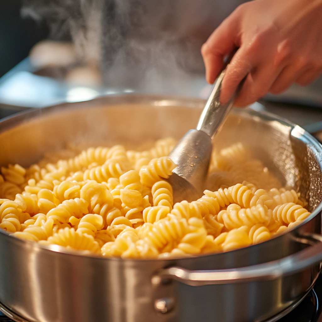 Stirring cavatappi pasta while cooking