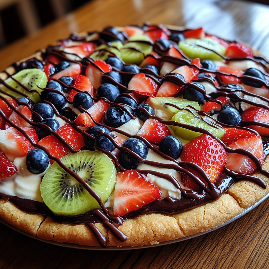 fruit-topped dessert pizza on cookie base