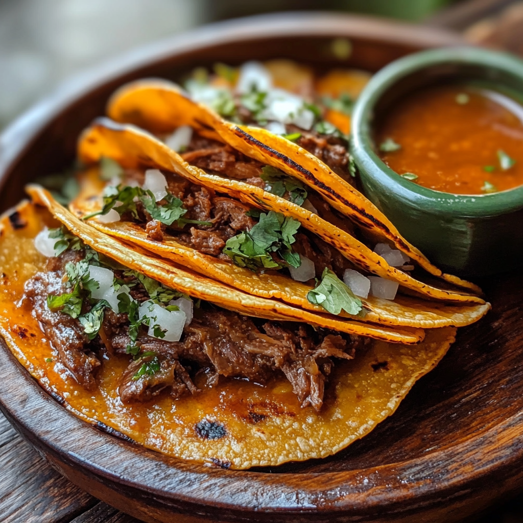 Crispy birria tacos recipe with consommé close-up