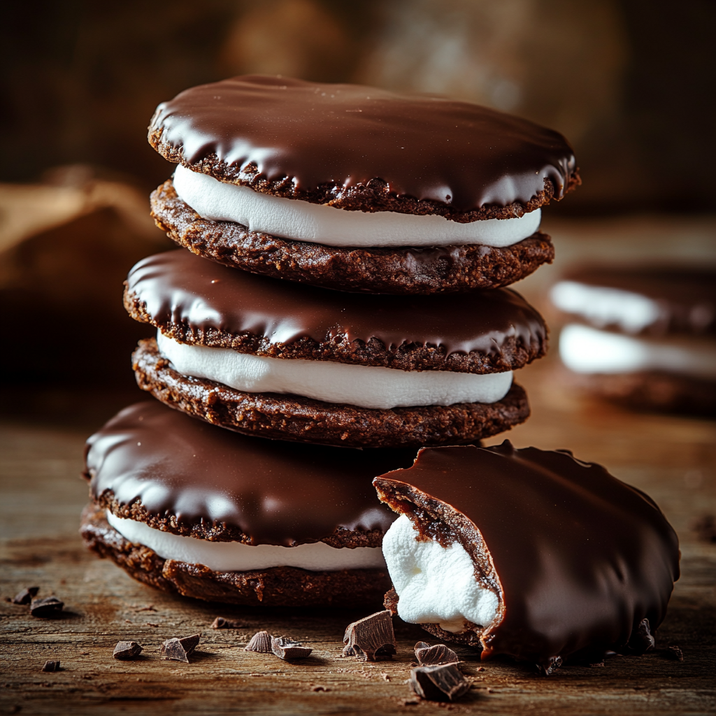 Homemade choco pie close-up with marshmallow filling
