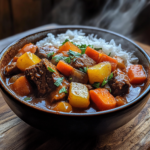 Hawaiian beef stew with rice in tomato broth