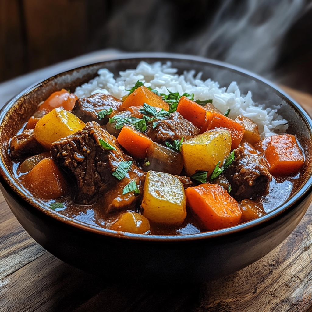 Hawaiian beef stew with rice in tomato broth