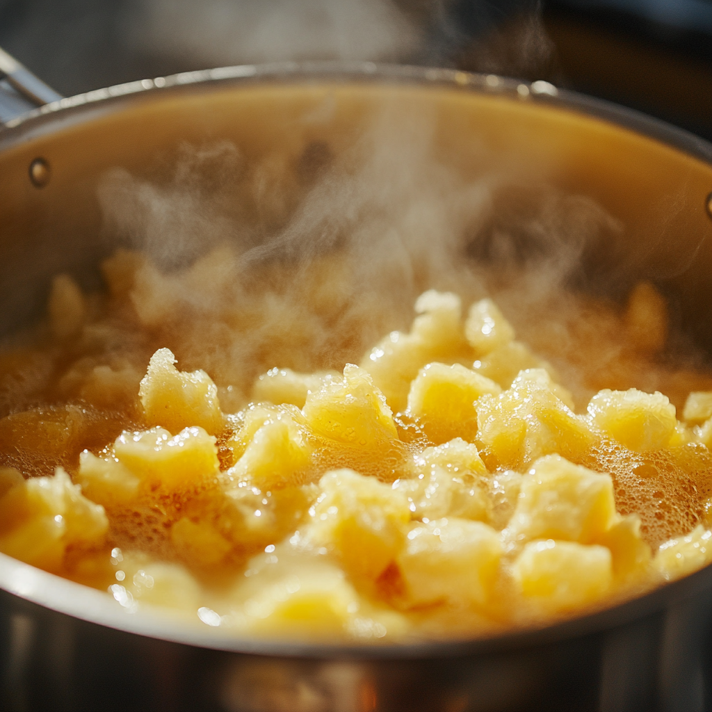 Pineapple pie filling being cooked in a saucepan