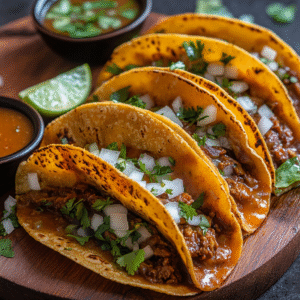 Golden birria tacos filled with shredded beef and melted cheese, served with consommé, lime wedges, and fresh cilantro.