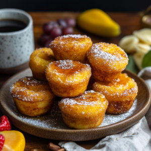 Stack of golden cinnamon sugar French toast muffins with maple syrup drizzle on a rustic plate, perfect for cozy brunch