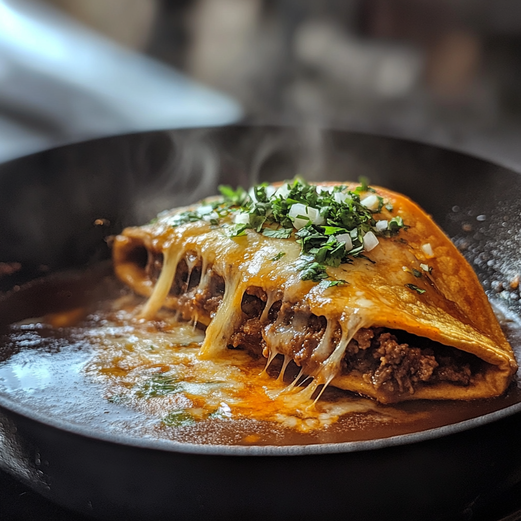Frying birria taco dipped in consommé