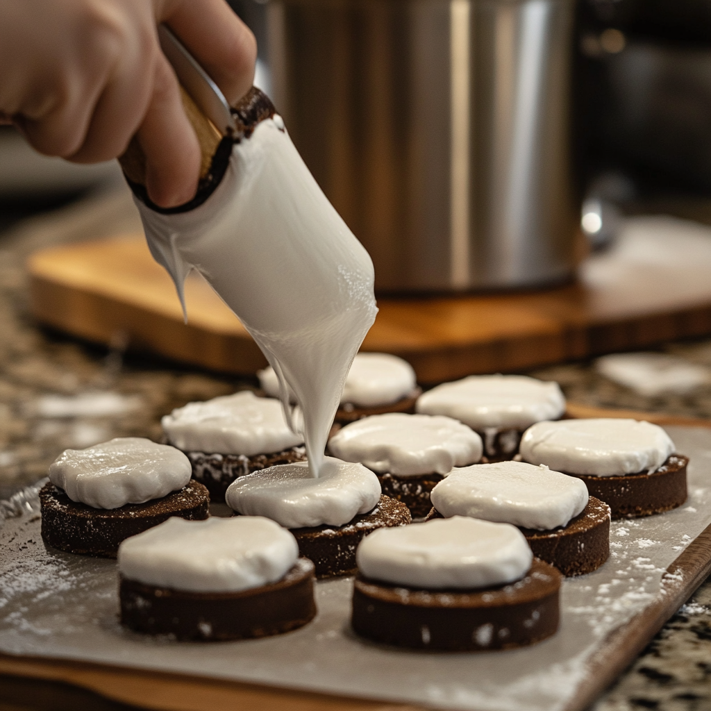 Piping marshmallow filling onto choco pie cakes