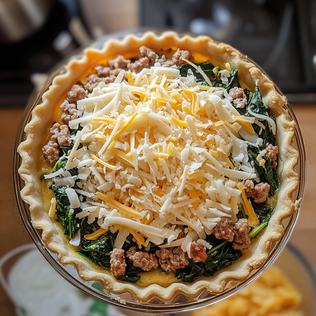 layering sausage quiche ingredients