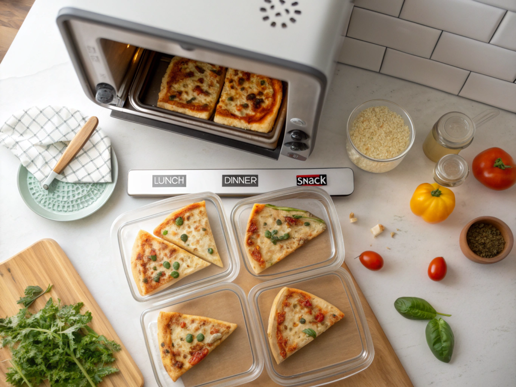 Naan pizza slices in glass meal prep containers with lunch and dinner labels
