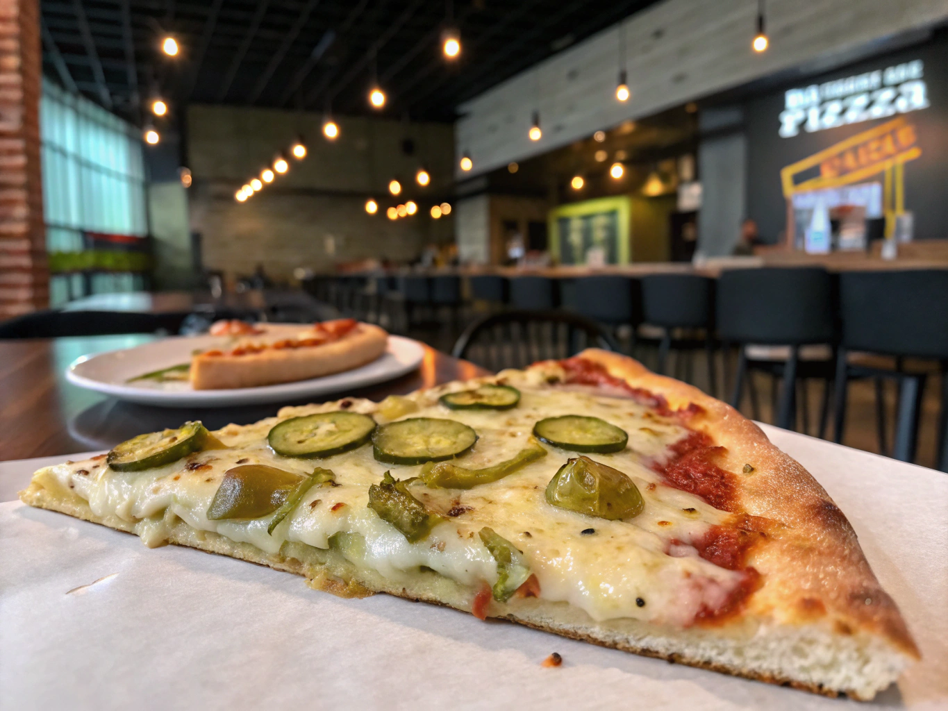 Restaurant-style pickle pie pizza slice on a white plate