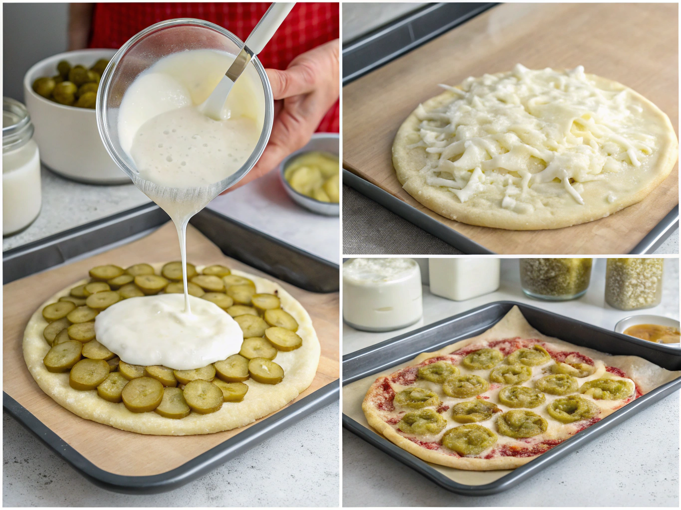 Making homemade pickle pie pizza with white garlic sauce and dill pickles