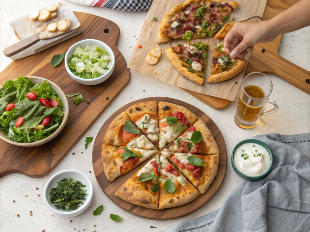 Assorted naan pizzas served with green salad, garlic dip, and sparkling drinks on a wooden table.